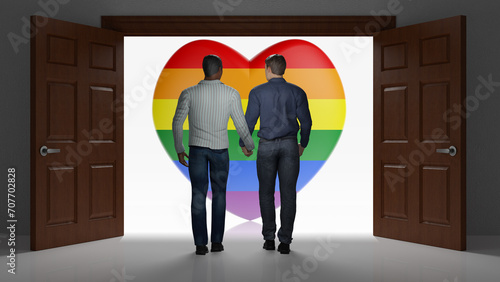Amore, San Valentino. Coppia di due uomini attraversa una porta verso il futuro insieme.