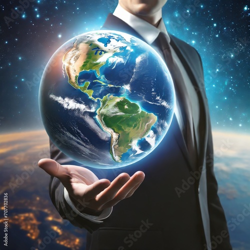 Człowiek w garniturze trzymający wyciągniętą przed siebie dłoń, nad dłonią unosi się planeta Ziemia. Motyw wpływu człowieka na środowisko naturalne, władzy nad światem, globalizacji