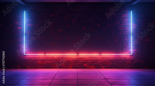 futuristic neon lights in a contemporary setting against a grungy brick wall. 3D modelling