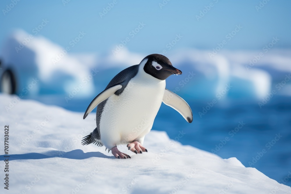 Obraz premium Solitary Penguin's March on a Crisp Antarctic Day - Embracing the Chill of the Wild. Generative AI