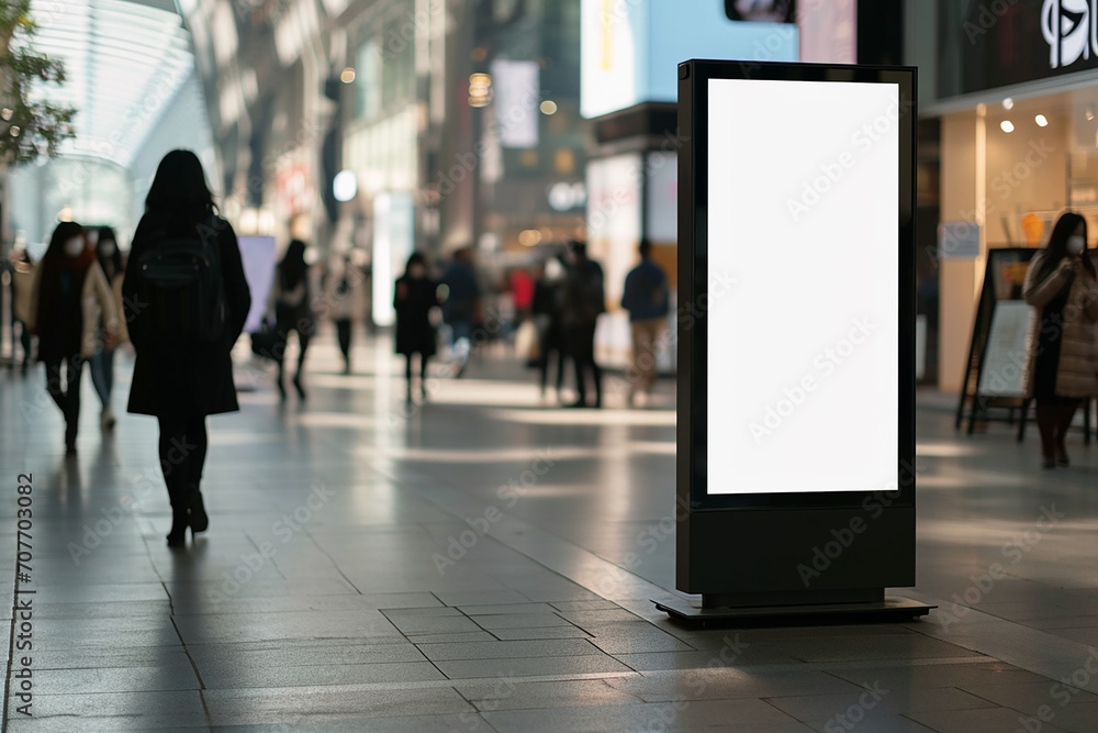 Blank Clean Screen or Signboard Mockup in Public Area: Perfect for Offers or Advertisement with People Walking By Created with generative AI tools Blank Clean Screen or Signboard Mockup in Public Area: Perfect for Offers or Advertisement with People Walking By Created with generative AI tools