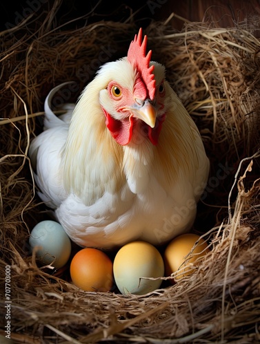 Country Farm: Captivating Chicken Photo Featuring Eggs - A Scenic Animal Snapshot
