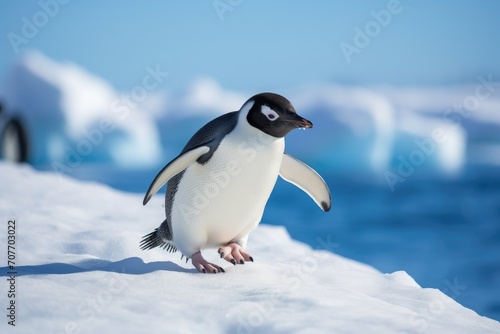 Solitary Penguin's March on a Crisp Antarctic Day - Embracing the Chill of the Wild. Generative AI © Gelpi