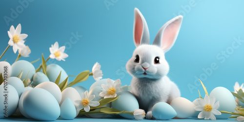 Easter Bunny with eggs, flowers and place for text over blue background