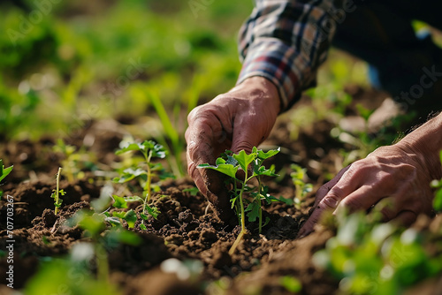 Close-Up Shot: Farmer's Hands Planting Seedling in Regenerative Agriculture Field – Sustainable Farming and Eco-Friendly Agriculture Concept Created with generative AI tools
