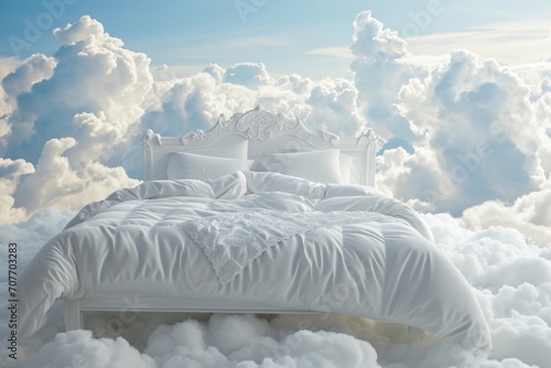 A white bed is made with white bedding against a background of clouds