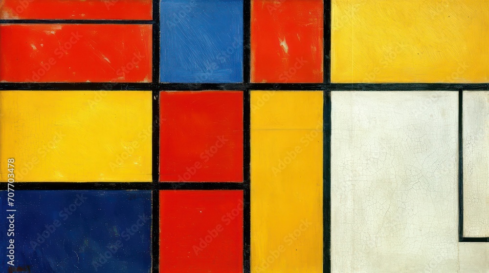 Abstract geometric art background featuring vibrant primary colors: blue, yellow, red, white, and black