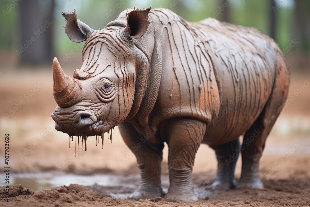 Fototapeta premium mud-covered rhino cooling off near waterhole