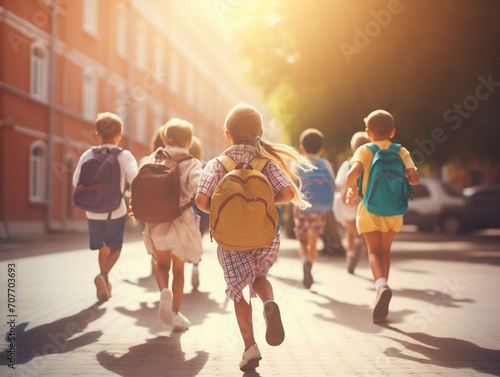 Vibrant back view: group of elementary school kids running at school - education and school concept 
