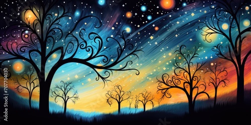 Illustration of fantasy landscape with trees, stars and full moon. for Tu BiShvat ( ט״ו בִּשְׁבָט‎), a Jewish holiday occurring on the 15th day of the Hebrew month of Shevat © annne