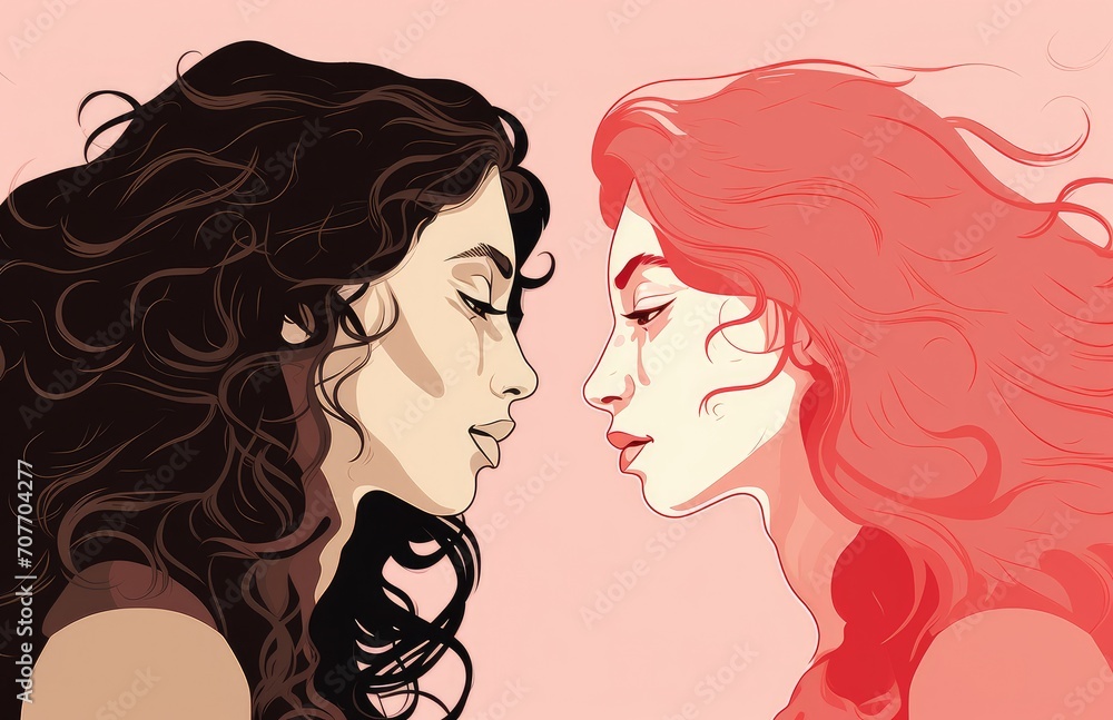 Lesbian pair, young women charmingly flirting, on a romantic date, embodying love, passion, and homosexuality. Generative AI Lesbian pair, young women charmingly flirting, on a romantic date, embodying love, passion, and homosexuality. Generative AI