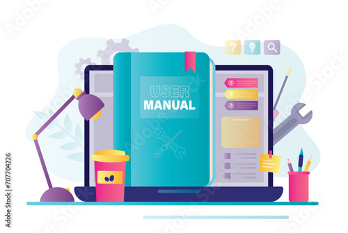 Find answers online in internet. User manual book or textbook on monitor screen. Concept of user guide, Q and A. FAQ and instructions, professional guide.