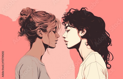 Lesbian pair, young women charmingly flirting, on a romantic date, embodying love, passion, and homosexuality. Generative AI
