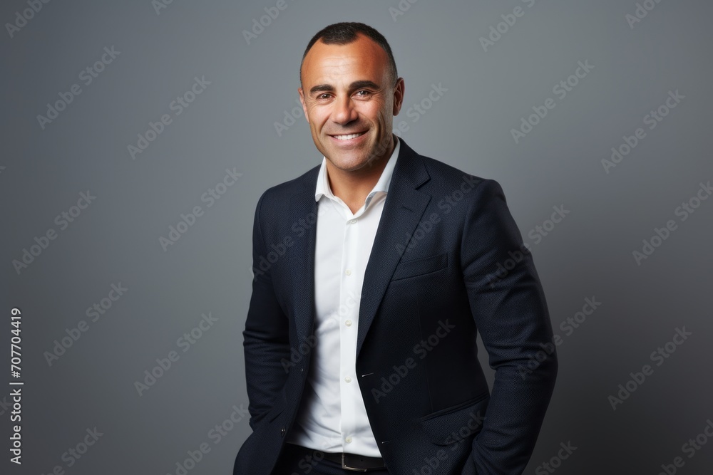 Portrait of a happy mature businessman smiling at camera against grey background Portrait of a happy mature businessman smiling at camera against grey background