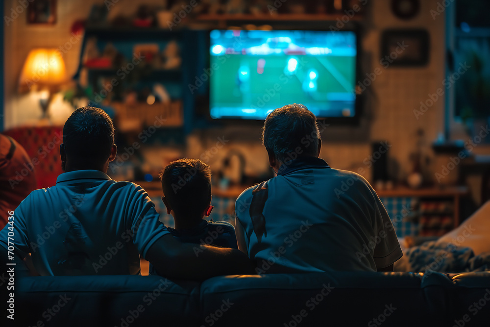 Show a family - including multiple generations - gathered at home to watch the European Championship final.