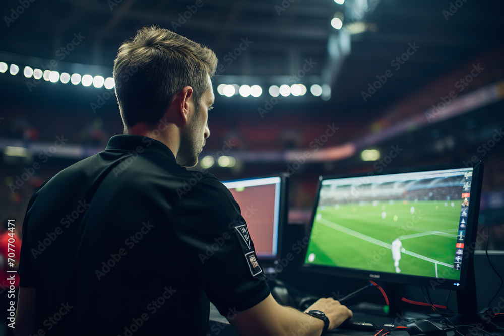 A referee consulting VAR (Video Assistant Referee) during a decisive European Championship match, illustrating the integration of technology in football - obrazy, fototapety, plakaty 