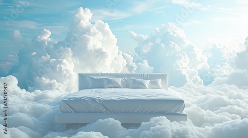 A white bed is made with white bedding against a background of clouds photo