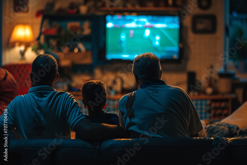 Show a family - including multiple generations - gathered at home to watch the European Championship final.