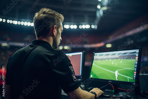 A referee consulting VAR (Video Assistant Referee) during a decisive European Championship match, illustrating the integration of technology in football photo