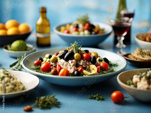 Mediterranean cuisine ingredients. A close-up of colorful fruits, vegetables, and herbs from the Mediterranean region.
