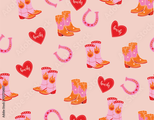 Cute Cowgirl  seamless vector pattern. Howdy Cowboy boots, hat, horseshoe repeating background. Wild West surface