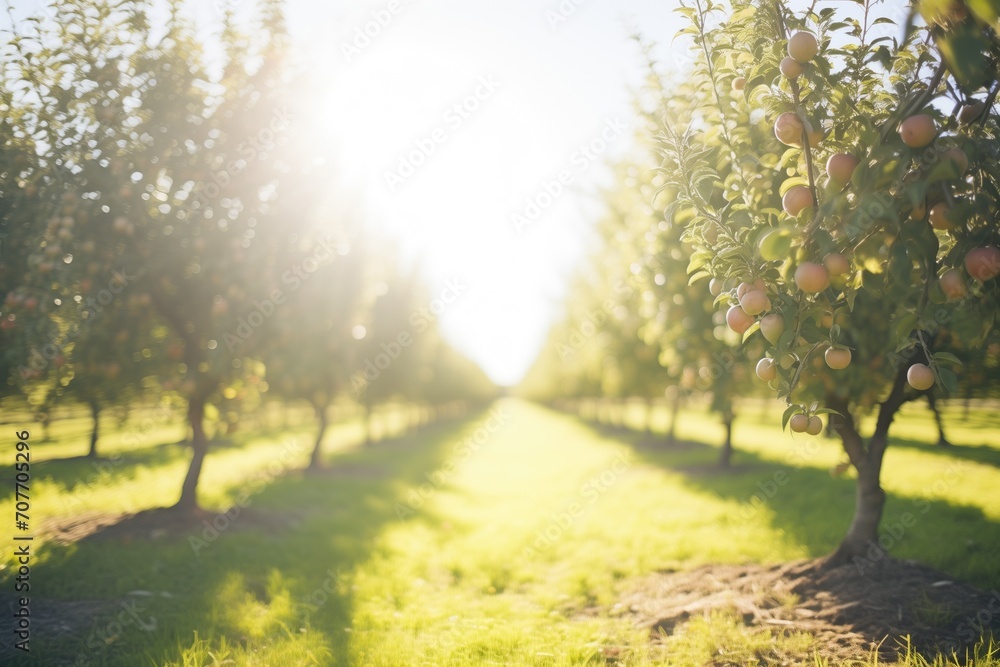 Naklejka premium sunlit apple orchard rows