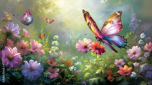 A butterfly resting on a vibrant flower in a lush garden  its wings a kaleidoscope of colors  the garden alive with a variety of flowers and greenery. Generative AI