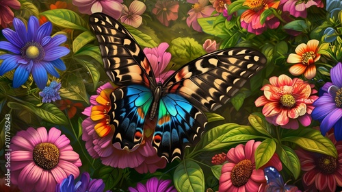 A butterfly resting on a vibrant flower in a lush garden, its wings a kaleidoscope of colors, the garden alive with a variety of flowers and greenery. Generative AI