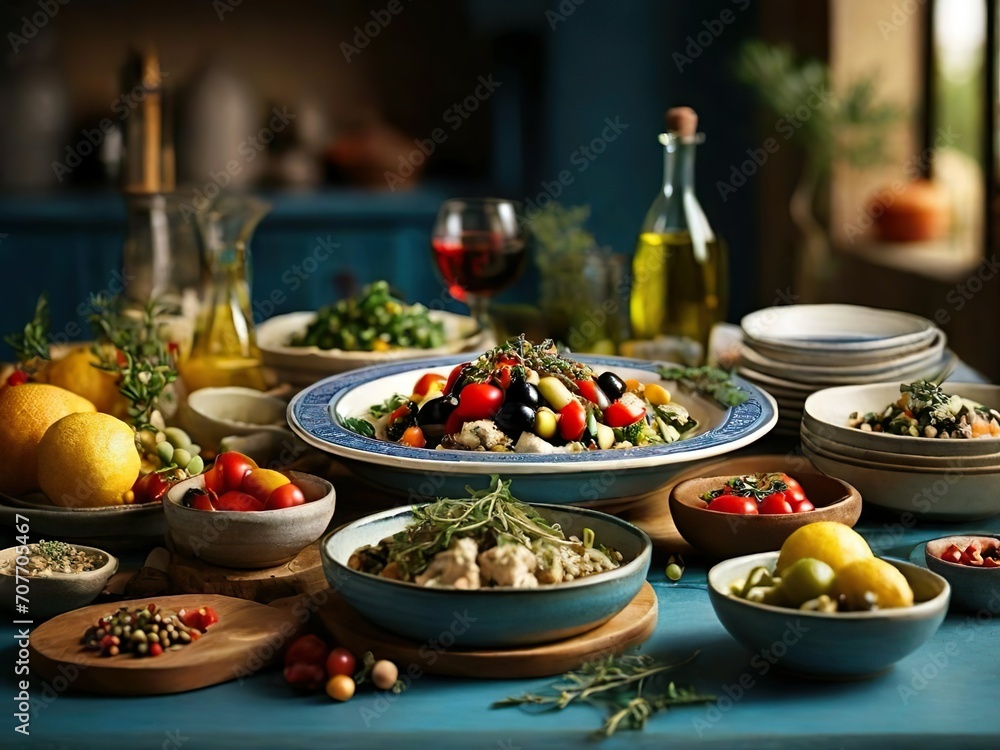 olives and oil in a restaurant. Mediterranean cuisine ingredients. A close-up of colorful fruits, vegetables, and herbs from the Mediterranean region.