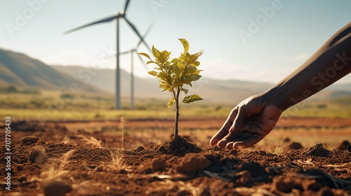 A sapling takes root in the soil against the backdrop of wind turbines, illustrating the synergy between reforestation and renewable energy for a sustainable future.