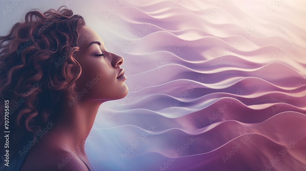 Serene woman with curly hair against a backdrop of abstract, flowing waves in a purple color scheme.