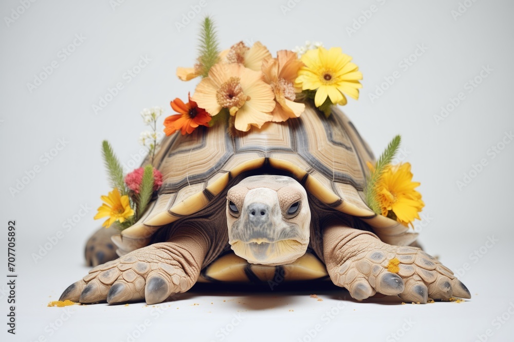 Fotografie tortoise with head extended upwards by flowers