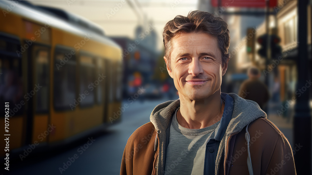 Fototapeta premium Friendly looking young male beneath a Tram