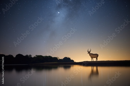 lone waterbuck silhouette against a starry night sky by river photo