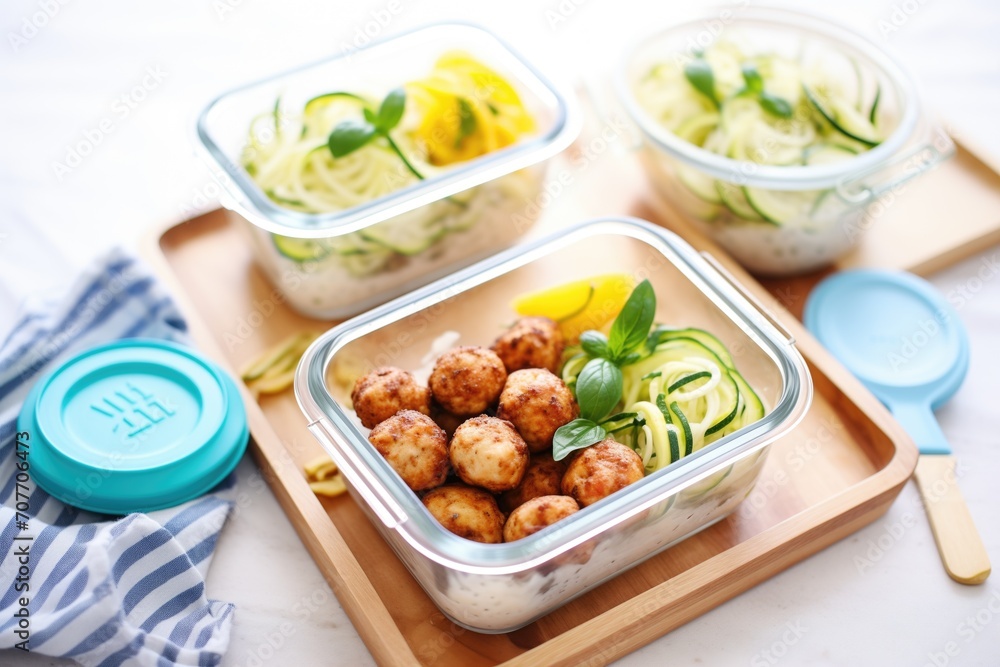 meal prep containers with zucchini noodles and meatballs meal prep containers with zucchini noodles and meatballs