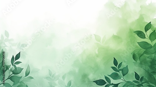 Green watercolor foliage abstract background with hand-painted leaves and splashes