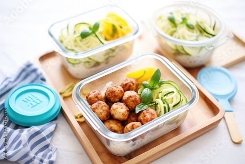 meal prep containers with zucchini noodles and meatballs