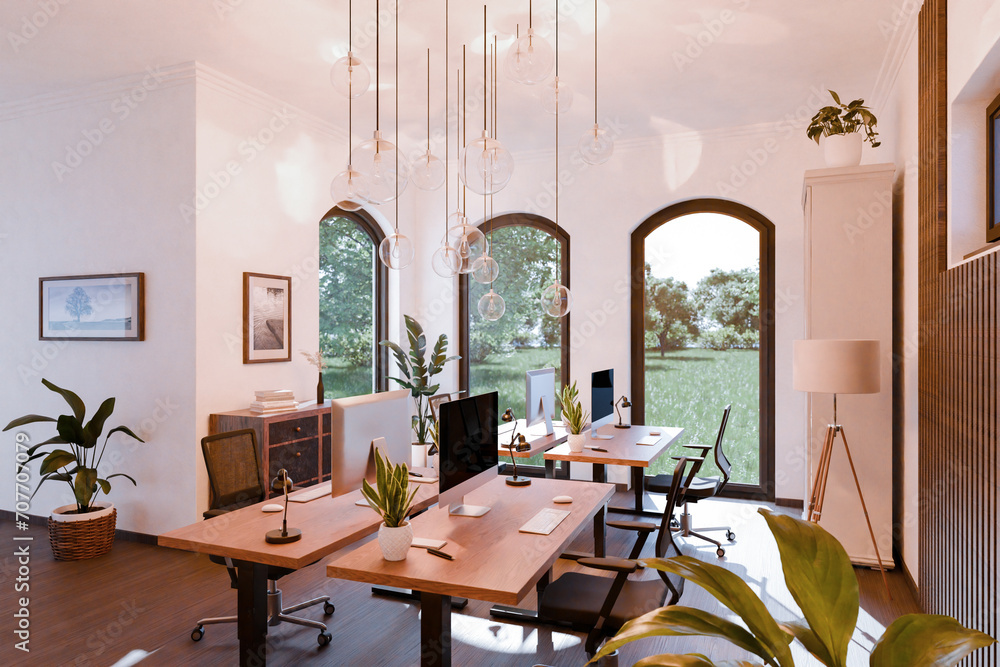luxurious loft apartment with floor-to-ceiling windows and panoramic view; modern minimalistic interior design of workspace home office area; bright daylight; 3D rendering luxurious loft apartment with floor-to-ceiling windows and panoramic view; modern minimalistic interior design of workspace home office area; bright daylight; 3D rendering