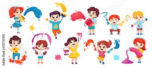 kids with paint. art school kindergarten entertainment  happy cute funny children with brushes and colours  drawing childhood concept. vector cartoon characters set.