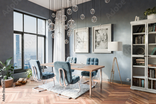 luxurious loft apartment with floor-to-ceiling windows and panoramic view; modern minimalistic interior design of dining room area; bright daylight; 3D rendering