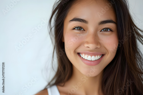 Young Asian woman close up portrait. Model woman laughing and smiling. Healthy face skin care beauty  skincare cosmetics  dental.