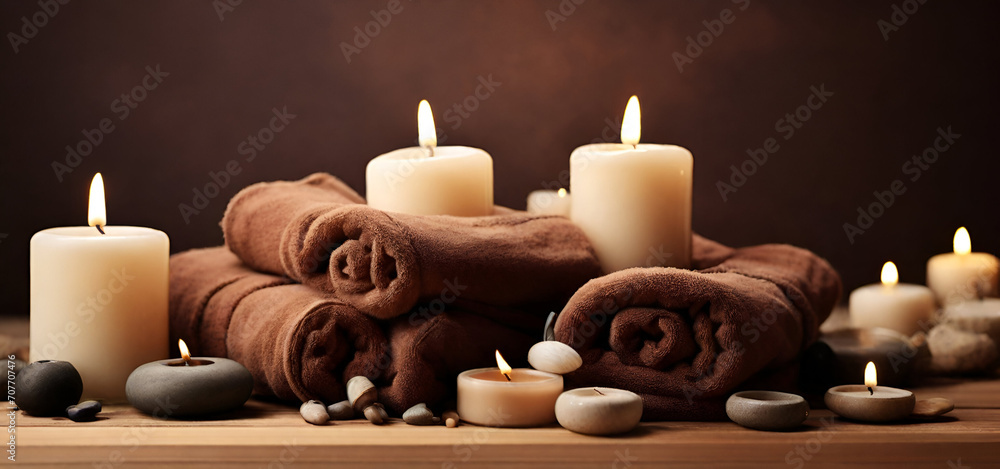 Spa brown background with towels, candles. generated by AI Spa brown background with towels, candles. generated by AI