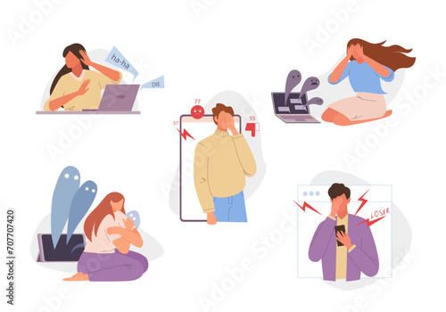 online abuse. web internet social networks cyber bullying, online haters, harassment depressed unhappy network cyberbulled characters concept. vector cartoon charcters collection.