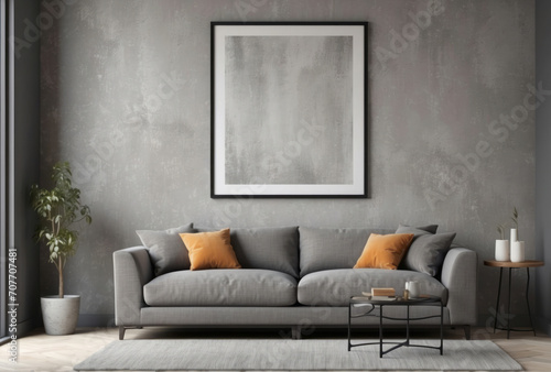 Loft home interior design of modern living room. Grey fabric sofa against grunge stucco wall with big poster frame mock up
