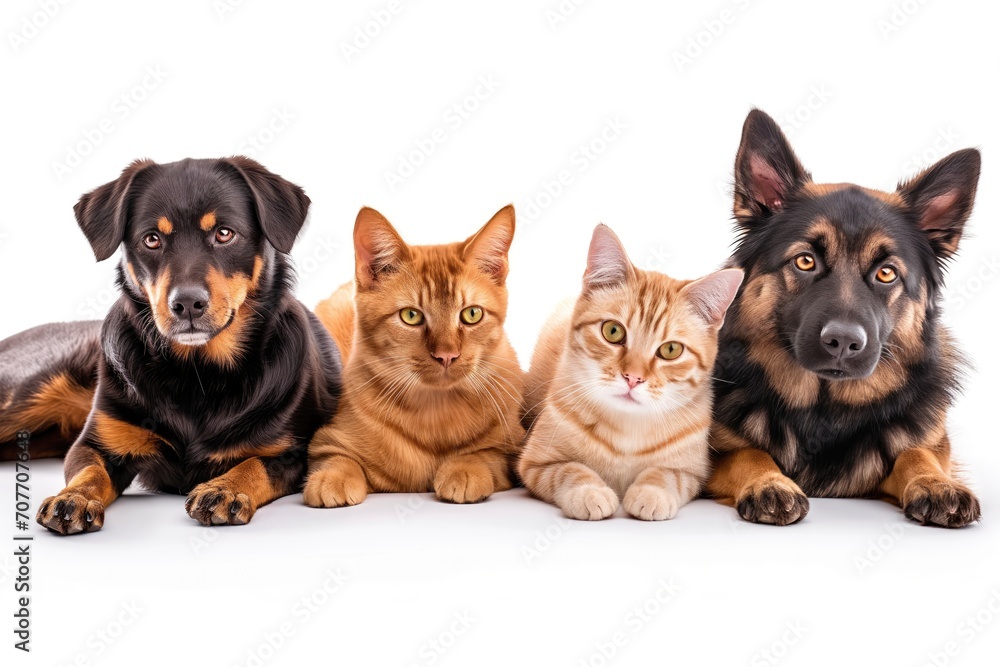 Fototapeta premium cats and dogs in a studio together with white background photography bright