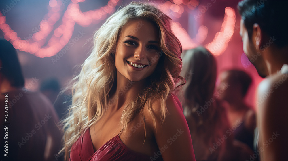 Radiant Woman Enjoying Party Ambiance, joyful young woman with blonde hair, in a red dress, radiates happiness in a vibrant party setting with soft, glowing lights