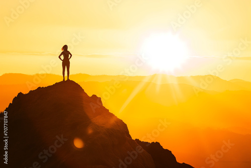 Silhouette of a Determined Woman Standing Triumphant on a Mountain Summit at Sunset