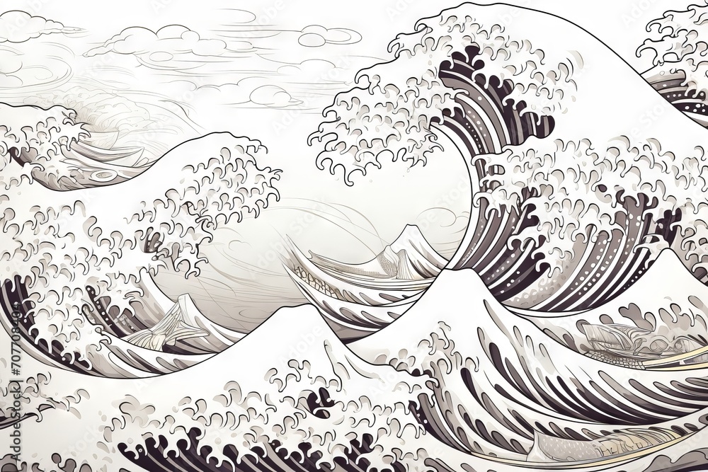 Japanese ukiyo-e art of the great wave off kanagawa by hokusai as an adult coloring page
