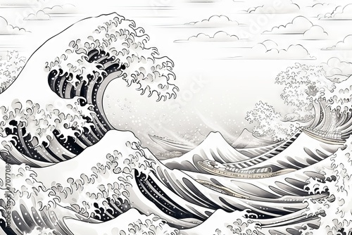Japanese ukiyo-e art of the great wave off kanagawa by hokusai as an adult coloring page photo