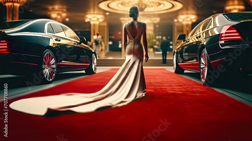 Red carpet event and arrival of woman in long evening dress. Postproducted generative AI illustration. photo